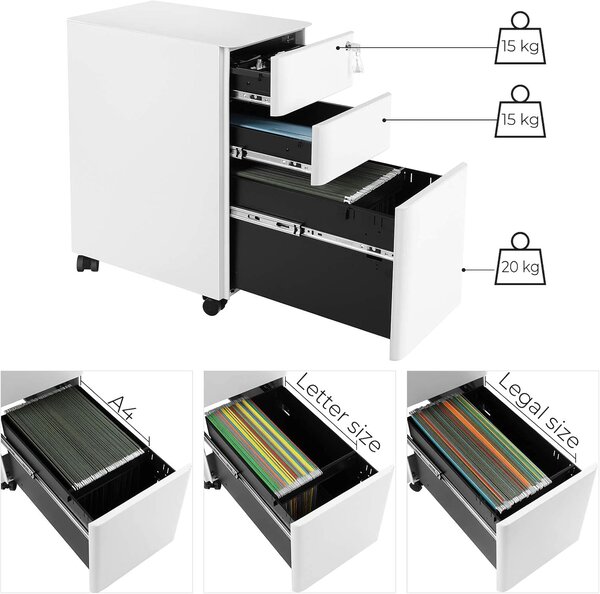 Omarica na kolesih, pisarniška omara s kolesi in ključavnico, bela | SONGMICS