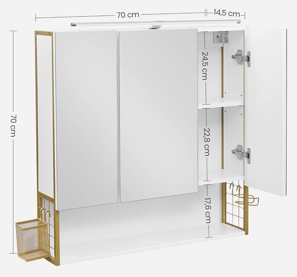 Kopalniška omara z ogledalom in razsvetljavo, bela z zlatom | VASAGLE