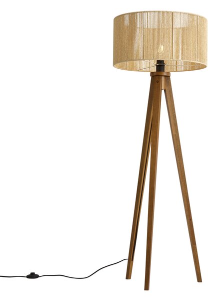 Vintage lesena stoječa svetilka z bež senčnikom iz papirnate vrvi 50/50/25 - Tripod Classic