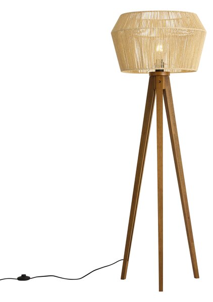 Stoječa svetilka Vintage lesena z rjavim senčnikom iz papirnate vrvi 50/50/30 - Tripod Classic