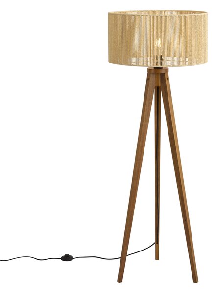 Vintage lesena stoječa svetilka z bež senčnikom iz papirnate vrvi 50/50/25 - Tripod Classic