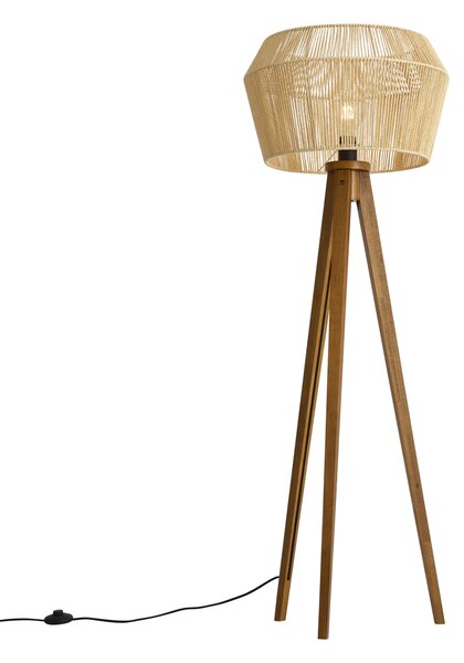 Stoječa svetilka Vintage lesena z rjavim senčnikom iz papirnate vrvi 50/50/30 - Tripod Classic