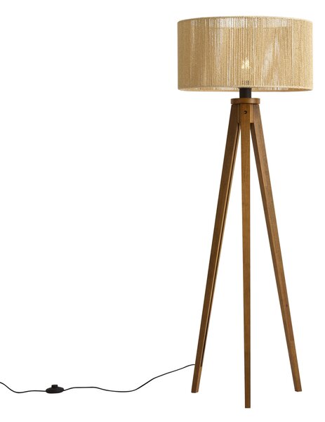 Vintage lesena stoječa svetilka z bež senčnikom iz papirnate vrvi 50/50/25 - Tripod Classic