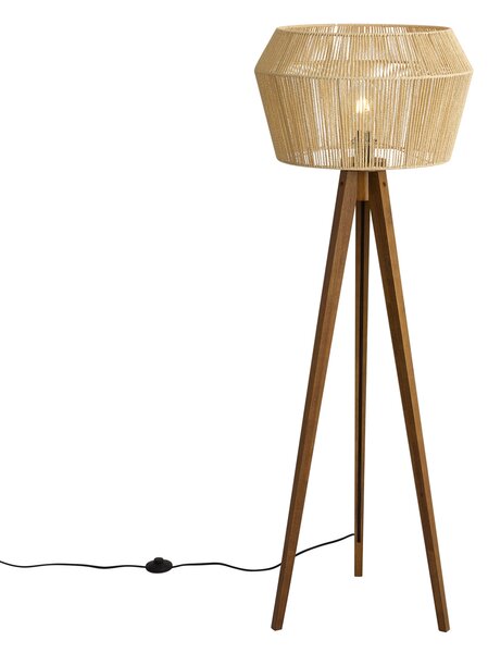 Stoječa svetilka Vintage lesena z rjavim senčnikom iz papirnate vrvi 50/50/30 - Tripod Classic