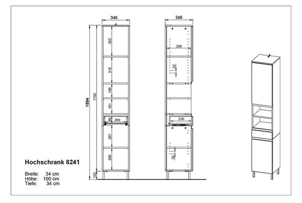 Temno siva visoka kopalniška omarica v hrastovem dekorju 34x190 cm Salinas - Germania