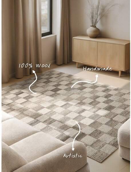 Kremno bela ročno tkana volnena preproga 80x150 cm Boho 1.0 Quadra – Vikosa