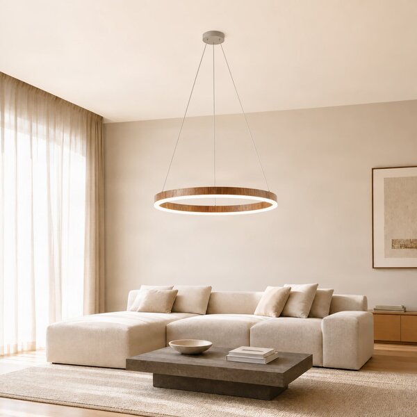 Lucande LED-visoka svetilka Thelma, oreh/siva, Ø 70 cm, zatemnjen, Les, Dnevna soba / jedilnica, Plastika, Sodobni
