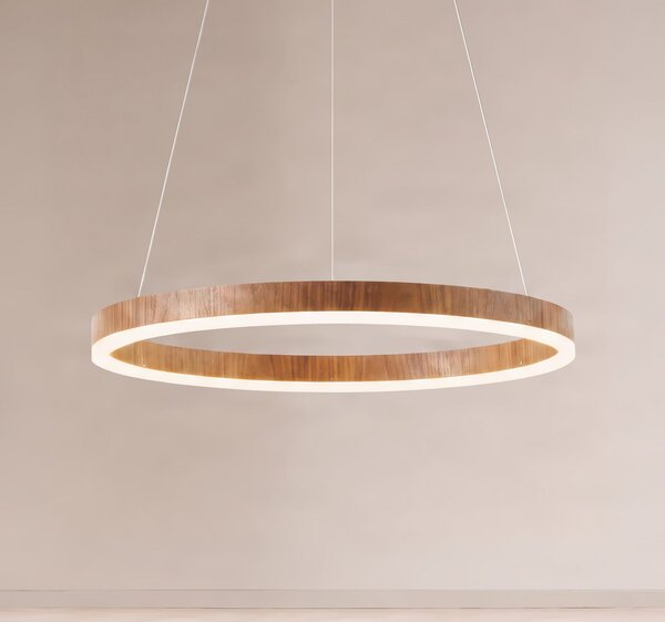 Lucande LED-visoka svetilka Thelma, oreh/siva, Ø 70 cm, zatemnjen, Les, Dnevna soba / jedilnica, Plastika, Sodobni