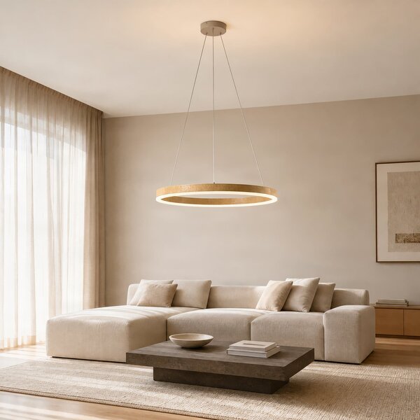 Lucande LED-visoka svetilka Thelma, naravni hrast/siva, Ø 70 cm, zatemnjen, Les, Dnevna soba / jedilnica, Plastika, Sodobni
