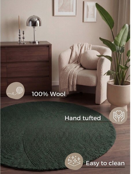 Temno zelena ročno tkana volnena okrogla preproga ø 120 cm Calmio – Hanse Home