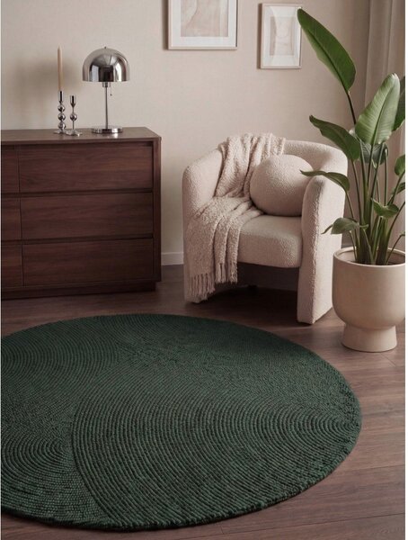 Temno zelena ročno tkana volnena okrogla preproga ø 120 cm Calmio – Hanse Home