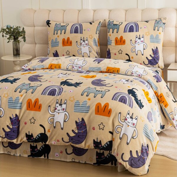 Komplet posteljnine mikropliš PURRSLEEP bež + rjuha mikropliš SOFT 180x200 cm bela, zakonska postelja