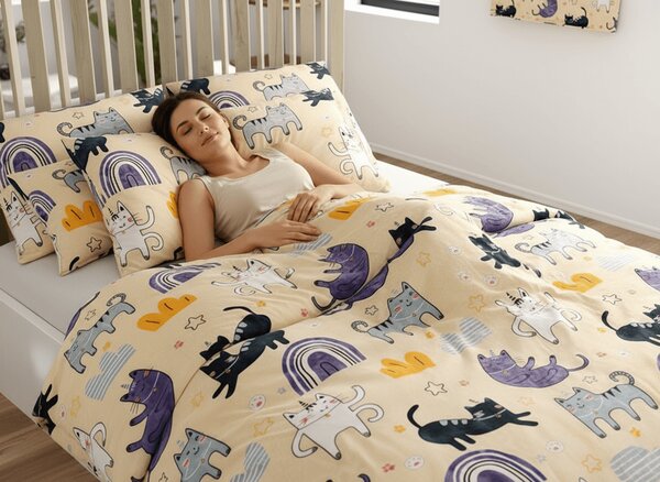 Komplet posteljnine mikropliš PURRSLEEP bež + rjuha mikropliš SOFT 180x200 cm bela, zakonska postelja