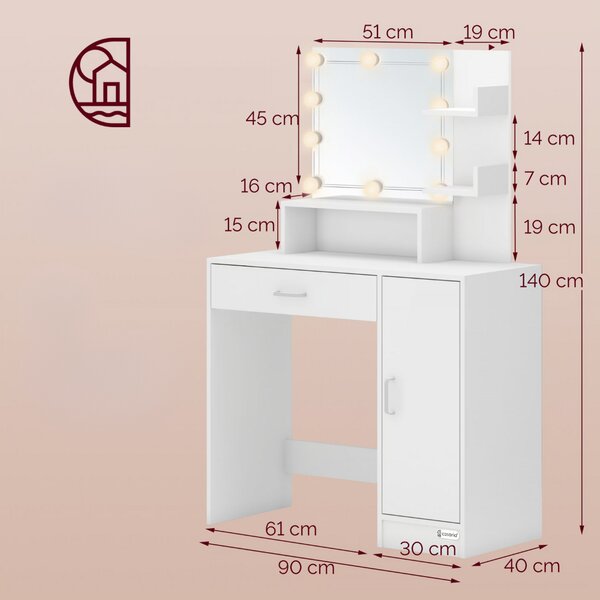 Toaletna mizica JOCELYN z osvetlitvijo, 140×90x40cm, bela Casaria
