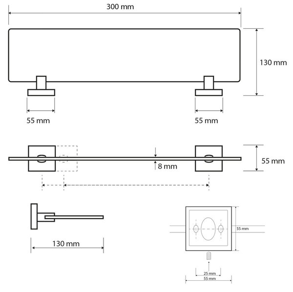 SAPHO XQ602 X-kvadratna steklena polica 30 x 5,5 x13 cm, prozorna