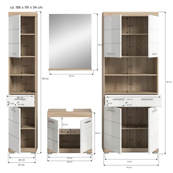 MID.YOU Kopalnica Lambada, Barva Hrasta, Bela, 4-Delna