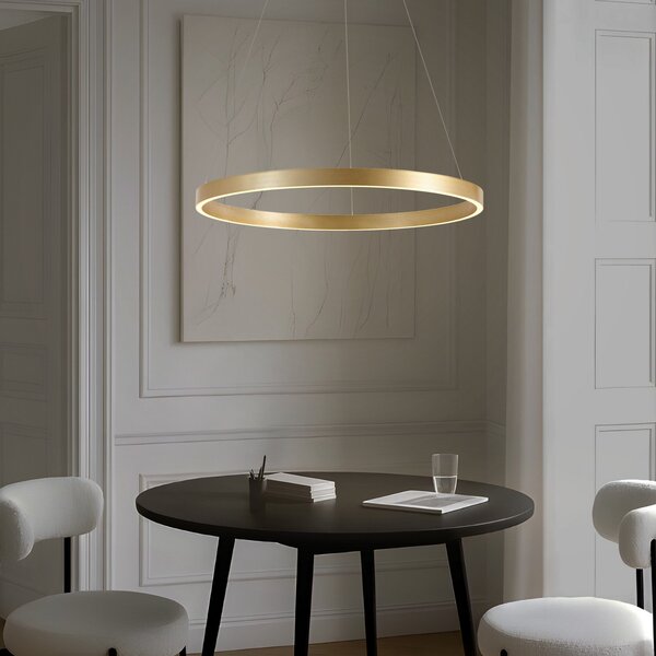 Lucande LED viseča svetilka Yonam, Ø 80 cm, 1-žarek, zlata, CCT, zatemnjen, Zlata / medeninasta, Dnevna soba / jedilnica, Kovina, Sodobni