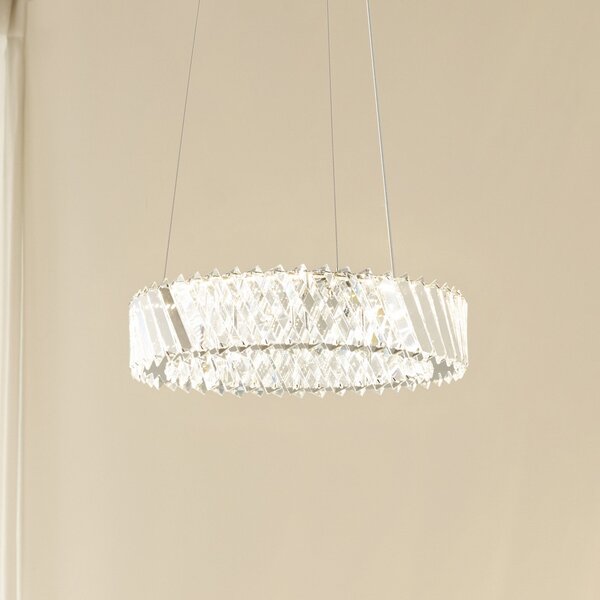 Lucande LED viseča svetilka Glacis, kristal, Ø 40 cm, krom, Prozorna, Dnevna soba / jedilnica, Steklo, Dizajn
