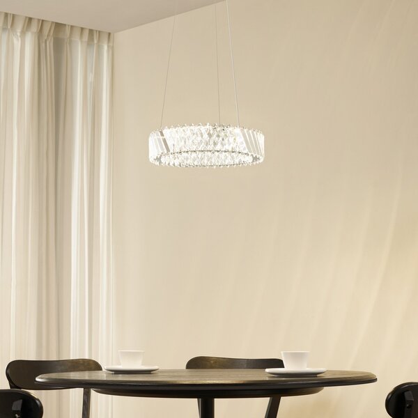 Lucande LED viseča svetilka Glacis, kristal, Ø 40 cm, krom, Prozorna, Dnevna soba / jedilnica, Steklo, Dizajn