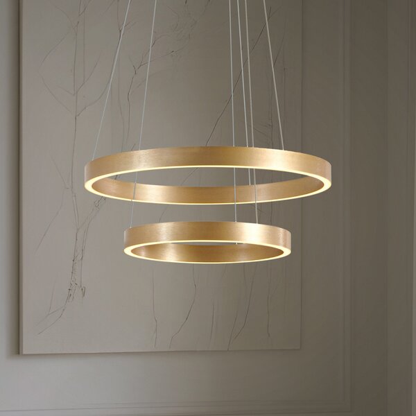 Lucande LED viseča svetilka Yonam, Ø 60 cm, 2-svetilna, zlata, CCT, zatemnjen, Zlata / medeninasta, Dnevna soba / jedilnica, Kovina, Sodobni
