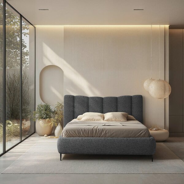 OBLAZINJENA POSTELJA 140 cm x 200 cm , les, tekstil, leseni material antracit