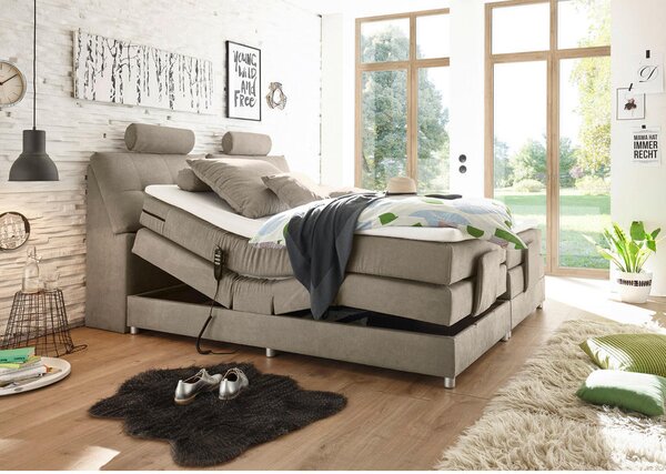 BOXSPRING POSTELJA 180 cm x 200 cm , tekstil, leseni material peščene barve
