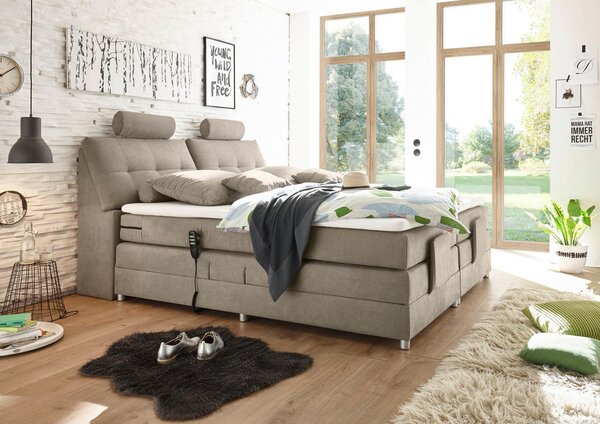 BOXSPRING POSTELJA 180 cm x 200 cm , tekstil, leseni material peščene barve
