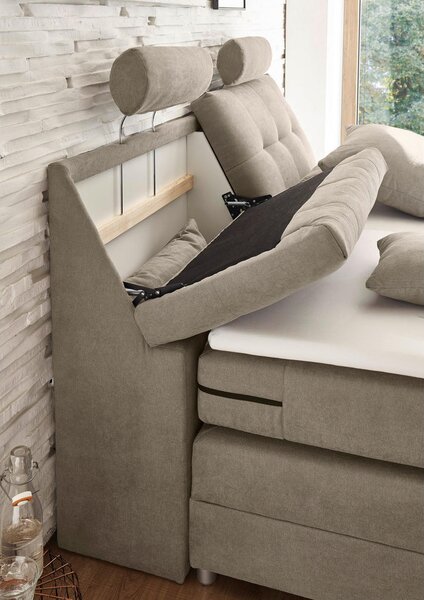 BOXSPRING POSTELJA 180 cm x 200 cm , tekstil, leseni material peščene barve