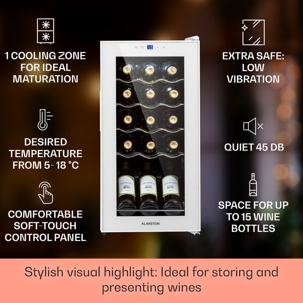 Klarstein Shiraz 15 Slim Uno, hladilnik za vino, 44 l, na dotik, 135 W, 5 – 18 °C, črn