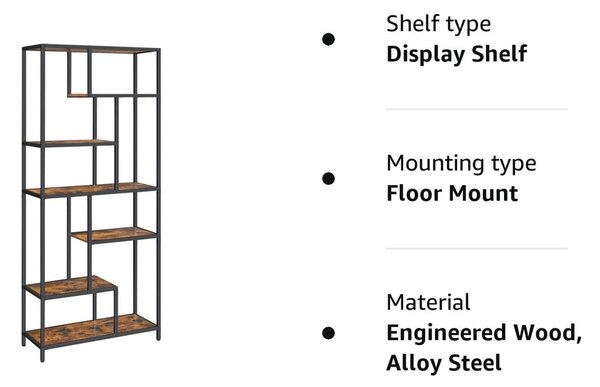 6-nadstropna knjižna polica, rustikalna rjava in črna | VASAGLE