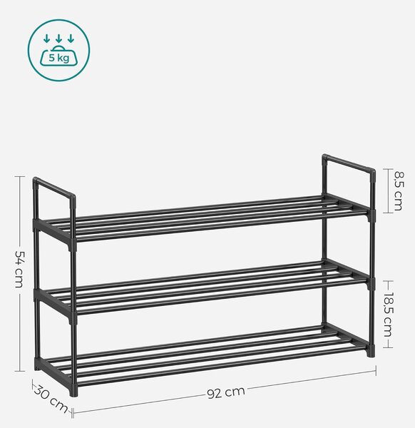 Stojalo za čevlje, 3 nivoji za 12-15 parov čevljev, 30 x 92 x 54 cm, črna | VASAGLE