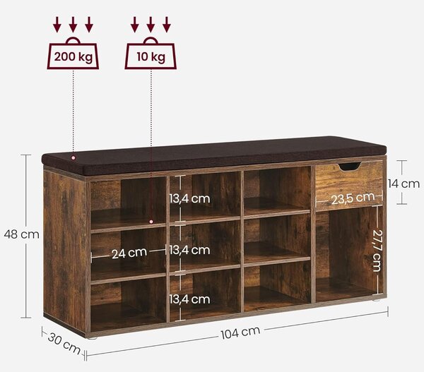 Klop s policami za čevlje in predalom, 30x104x48 cm, rjava | VASAGLE