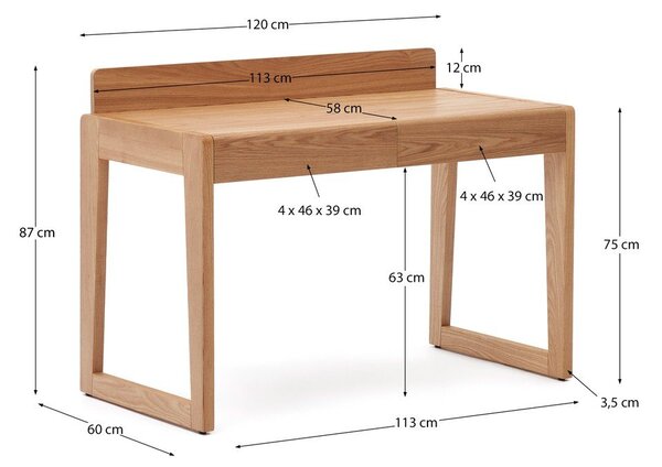 Pisalna miza z mizno ploščo v jesenovem dekorju 60x120 cm Arandu – Kave Home