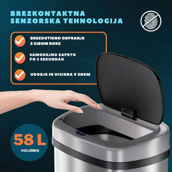 Senzorski koš za odpadke DEUS, 58 litrov, srebrna Jurhan