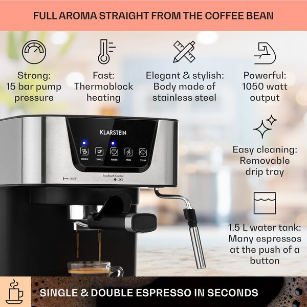 Klarstein Arabica, aparat za kavo espresso, 1050 W, 15 barov, 1,5 l, nadzorna plošča na dotik, nerjaveče jeklo