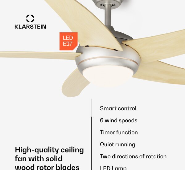 Klarstein Bolero 2 v 1 Smart, stropni ventilator, Ø 132 cm, svetloba 55 W, daljinski upravljalnik, upravljanje prek aplikacije, dvosmerno delovanje