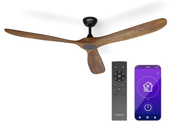 Klarstein Pametni stropni ventilator Bahama Breeze | rotorske lopatice iz masivnega lesa | daljinski upravljalnik + upravljanje z aplikacijo