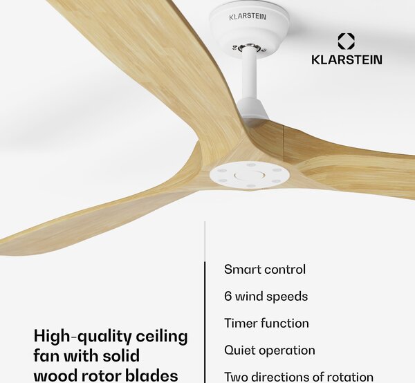 Klarstein Pametni stropni ventilator Bahama Breeze, rotorske lopatice iz masivnega lesa, daljinski upravljalnik + upravljanje z aplikacijo