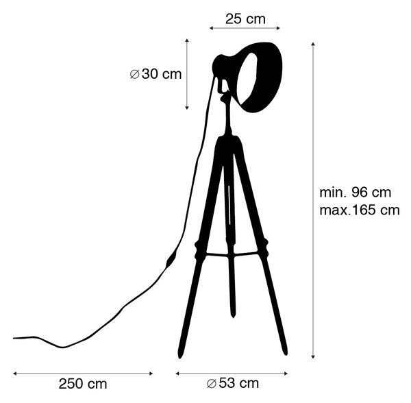 Industrijska trinožna stoječa svetilka črna z lesom - Mango