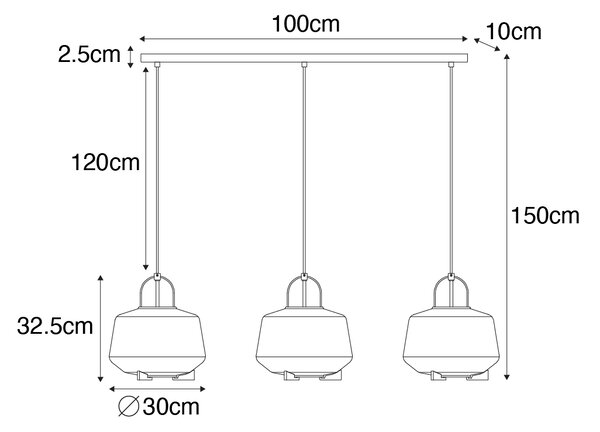 Viseča svetilka zlata z jantarnim steklom 30 cm podolgovata 3-svetlobna - Kevin