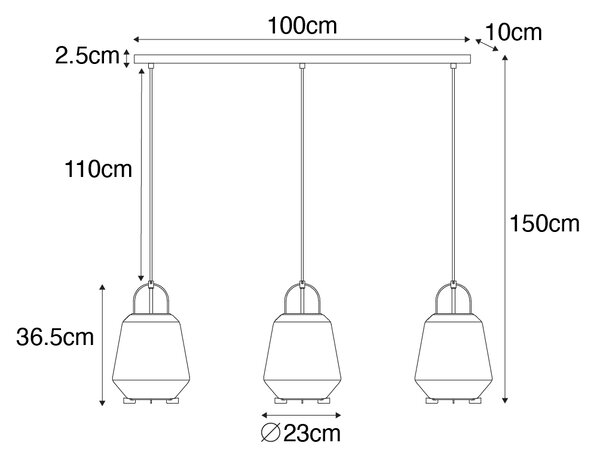 Viseča svetilka zlata z jantarnim steklom 23 cm podolgovata 3-svetlobna - Kevin