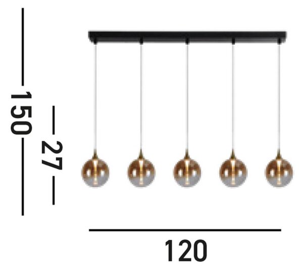 LED viseče svetilo Alchemy, 5-svetlobno, črno, jantar, steklo