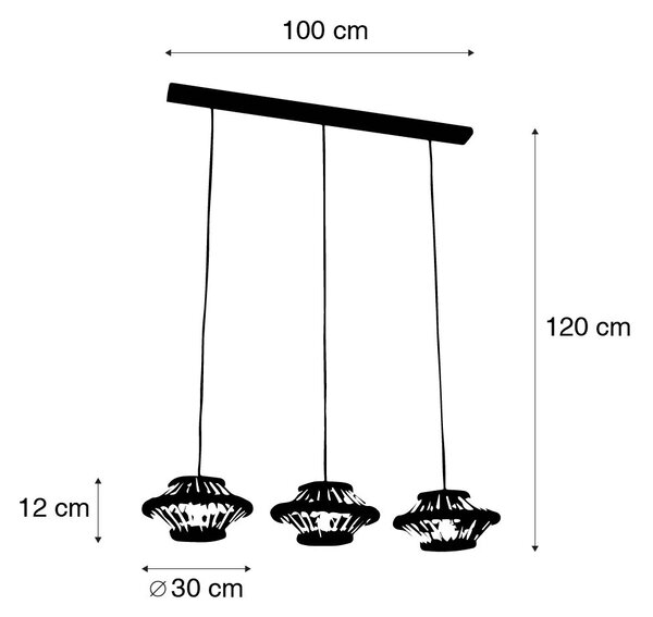 Orientalska viseča svetilka iz bambusa s črno podolgovato 3-svetlobo - Evalin