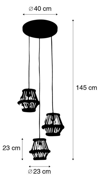 Orientalska viseča svetilka iz bambusa s črno okroglo 3-lučjo - Evalin