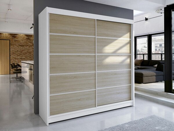 Garderobna omara Atlanta 153, Sonoma hrast, Bela, 215x180x58cm, Vrata omare: Drsna