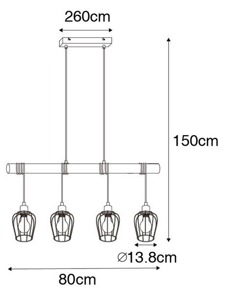 Podeželska viseča svetilka črna z lesom 4 -light - Stronk