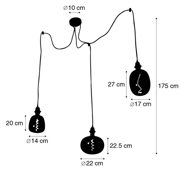 Viseča svetilka, črna, 3 luči, vključno z LED mešano dimno zatemnitvijo - Cava Luxe