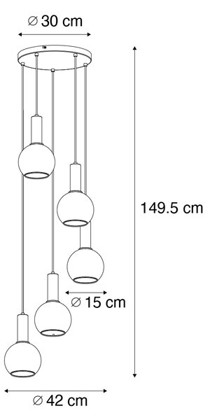 Art Deco viseča svetilka črna z dimnim steklom okrogla 5-light - Josje
