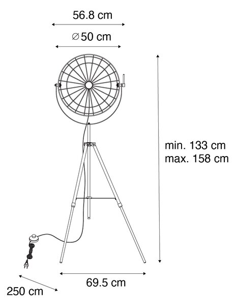 Industrijska trinožna stoječa svetilka črna 50 cm nastavljiva - Hanze