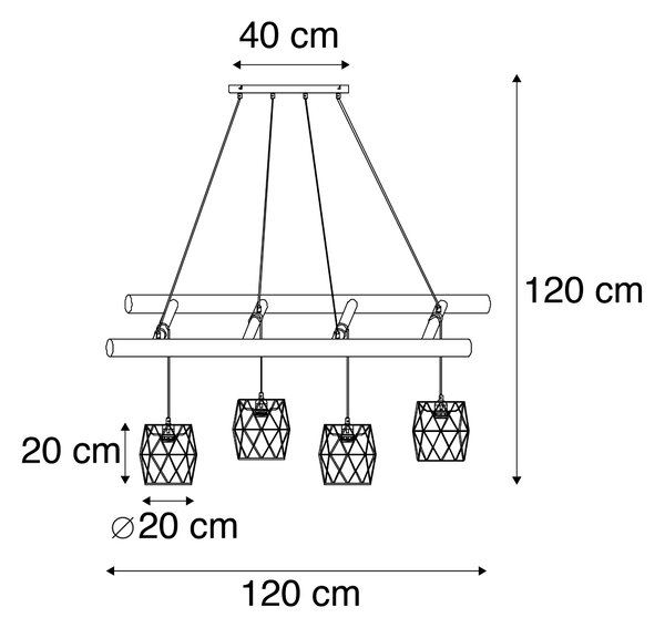 Industrijska viseča svetilka črna z lesom 4-luč - Mediena